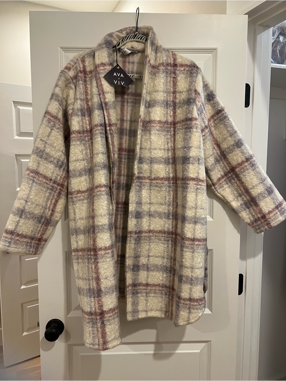 Ava & Viv Cream Plaid Open Cardigan Coat with Dusty Rose & Gray Stripes